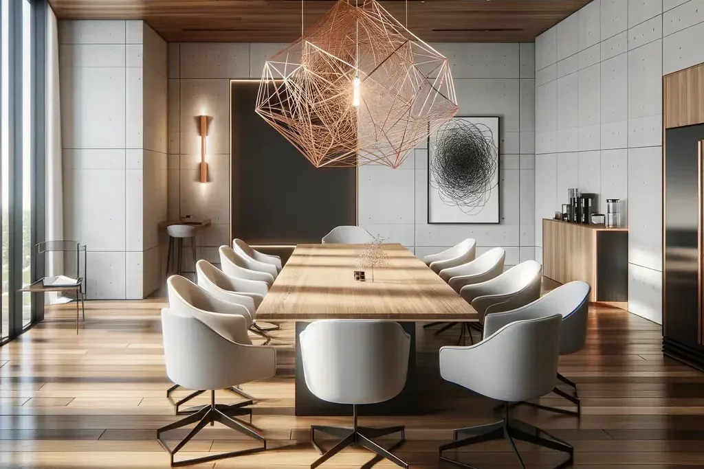 Stylish conference room painted by J.R. Painting Ltd., showcasing expert commercial painting services in Kelowna with a geometric copper pendant light and wooden elements.