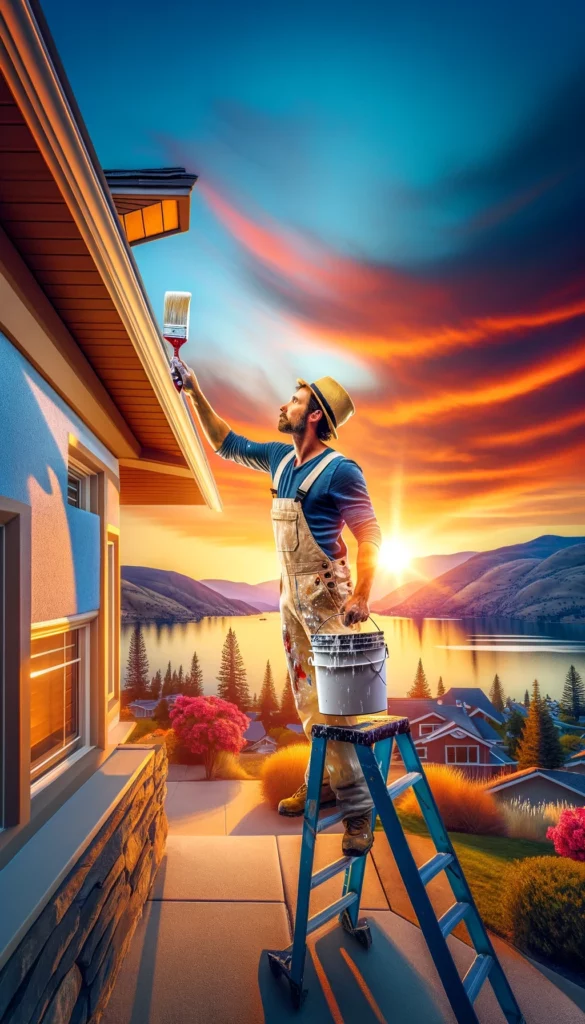 A painter, a Caucasian male in his 30s, working on a house exterior at sunset in Kelowna, British Columbia. The vibrant sunset casts a warm glow over the lake and mountains.